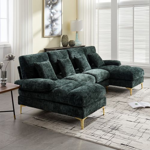 Canapé 4 Places, Canapé D'angle Fixe, Avec 2 Sièges Inclinables, En Chenille, Vert