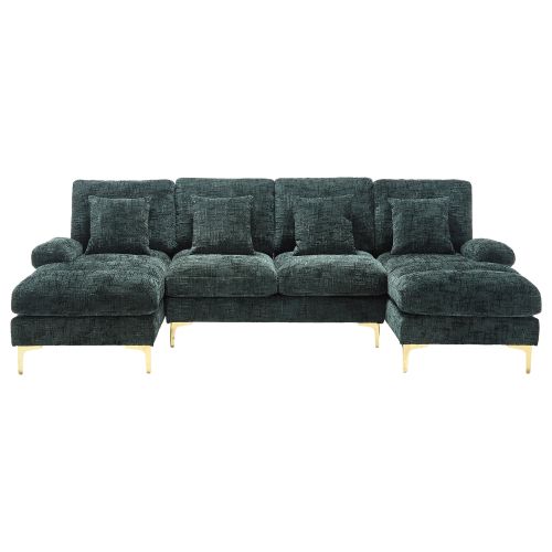 Canapé 4 Places, Canapé D'angle Fixe, Avec 2 Sièges Inclinables, En Chenille, Vert