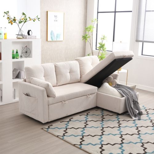 Canapé 3 Places, Canapé D'angle Convertible, Avec Sièges De Rangement, En Velours, Beige