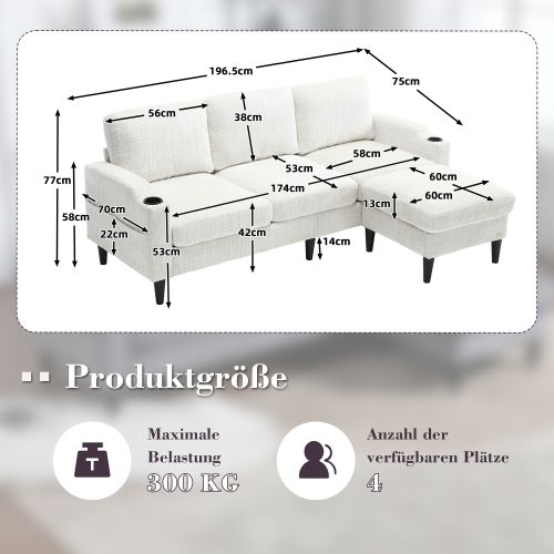 Canapé 4 Places Avec Repose-pieds, Porte-gobelet, Poches Latérales, En Chenille, Beige