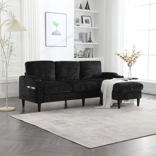 Canapé 4 Places Avec Repose-pieds, Porte-gobelet, Poches Latérales, En Chenille, Noir