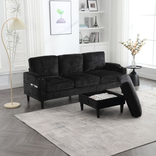 Canapé 4 Places Avec Repose-pieds, Porte-gobelet, Poches Latérales, En Chenille, Noir