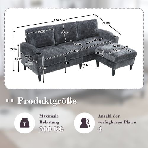 Canapé 4 Places Avec Repose-pieds, Porte-gobelet, Poches Latérales, En Chenille, Gris