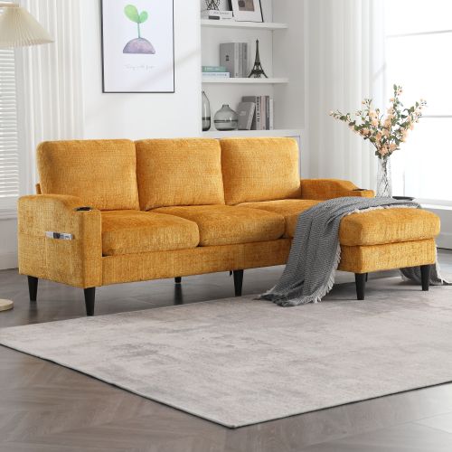 Canapé 4 Places Avec Repose-pieds, Porte-gobelet, Poches Latérales, En Chenille, Jaune