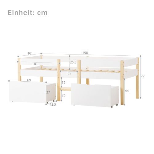Lit Enfant 90x190 Cm, Lit Mi-hauteur Avec 2 Tiroirs, Bois De Pin, Blanc Et Chêne