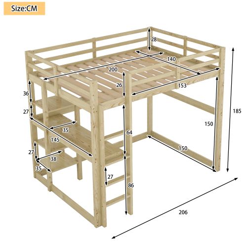 Lit Mezzanine 140x200 Cm, Lit Adulte Avec 4 Compartiments De Rangement Et Bureau, En Pin, Naturel