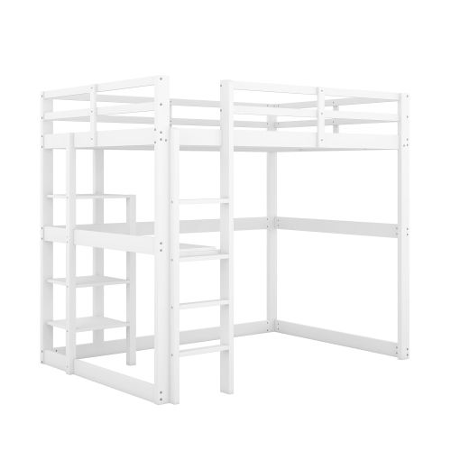 Lit Mezzanine 140x200 Cm, Lit Adulte Avec 4 Compartiments De Rangement Et Bureau, En Pin, Blanc