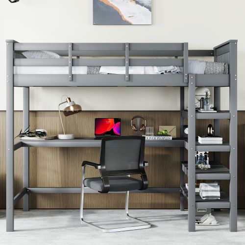 Lit Mezzanine 90x200 Cm, Lit Enfant Avec Rangements Et Bureau Sous Le Lit, Gris