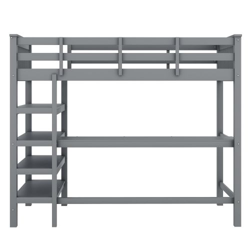 Lit Mezzanine 90x200 Cm, Lit Enfant Avec Rangements Et Bureau Sous Le Lit, Gris