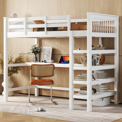 Lit Mezzanine 90x200 Cm, Lit Enfant Avec Rangements Et Bureau Sous Le Lit, Blanc