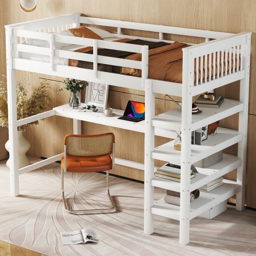 Lit Mezzanine 90x200 Cm, Lit Enfant Avec Rangements Et Bureau Sous Le Lit, Blanc