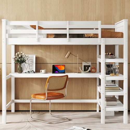 Lit Mezzanine 90x200 Cm, Lit Enfant Avec Rangements Et Bureau Sous Le Lit, Blanc