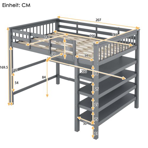 Lit Mezzanine 140x200 Cm, Lit Adulte Avec Rangements Et Bureau Sous Le Lit, Gris