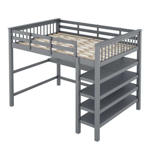 Lit Mezzanine 140x200 Cm, Lit Adulte Avec Rangements Et Bureau Sous Le Lit, Gris