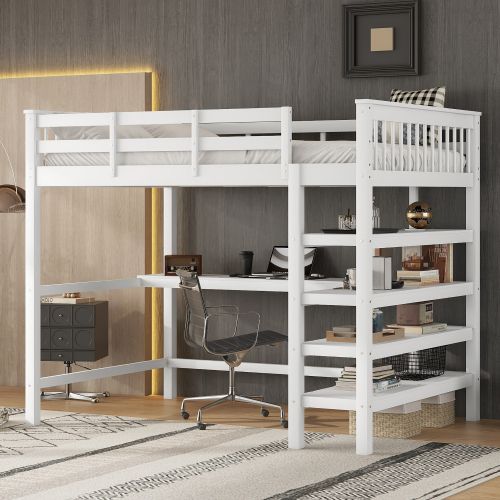 Lit Mezzanine 140x200 Cm, Lit Adulte Avec Rangements Et Bureau Sous Le Lit, Blanc