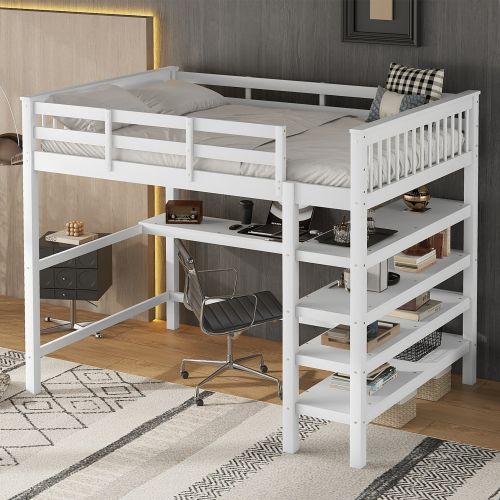Lit Mezzanine 140x200 Cm, Lit Adulte Avec Rangements Et Bureau Sous Le Lit, Blanc