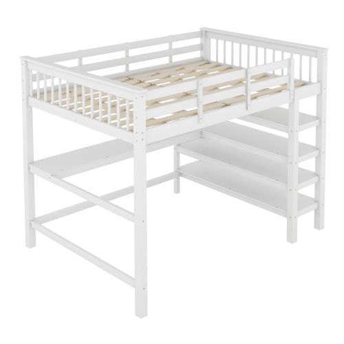 Lit Mezzanine 140x200 Cm, Lit Adulte Avec Rangements Et Bureau Sous Le Lit, Blanc