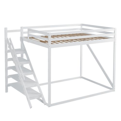 Lit Mezzanine 140x200 Cm, Lit Adulte Avec Échelle De Sécurité, Lit Superposé En Bois, Blanc