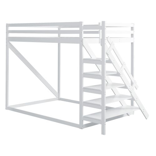 Lit Mezzanine 140x200 Cm, Lit Adulte Avec Échelle De Sécurité, Lit Superposé En Bois, Blanc