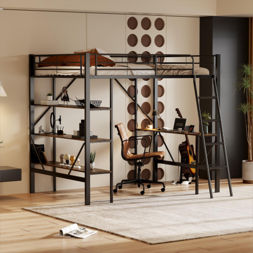 Lit Mezzanine 90x200 Cm En Fer, Lit Enfant Avec Bureau Et Trois Grandes Étagères, Noir