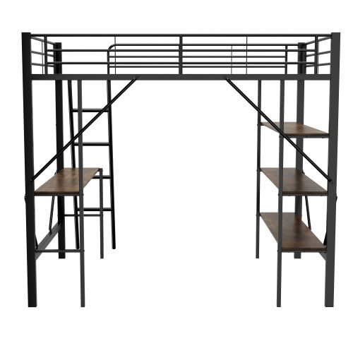 Lit Mezzanine 90x200 Cm En Fer, Lit Enfant Avec Bureau Et Trois Grandes Étagères, Noir