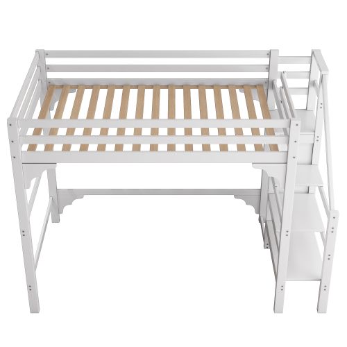 Lit Mezzanine 140x200 Cm, Lit Adulte Avec Sommier à Lattes, Avec Escalier à Marches, Blanc