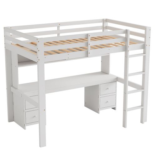 Lit Mezzanine 90x200 Cm, Lit Enfant Avec Espace De Rangement, Rampe Haute, Escalier Stable, Blanc