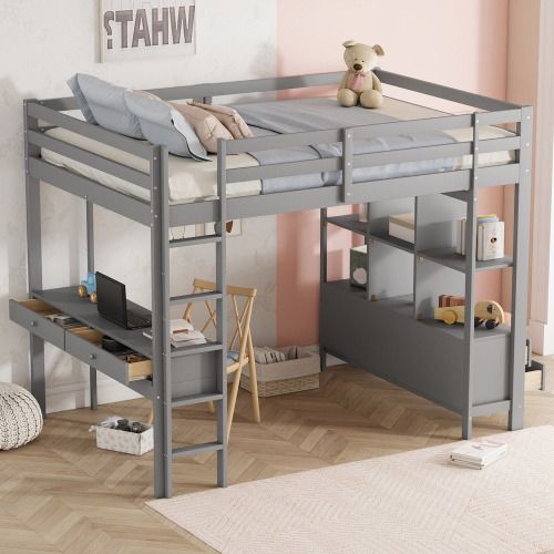 Lit Mezzanine 140x200 Cm, Lit Adulte Avec 6 Tiroirs De Rangement Et Bureau Sous Le Lit, Gris