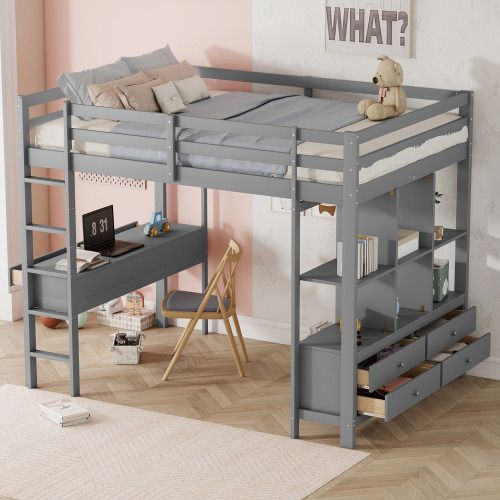 Lit Mezzanine 140x200 Cm, Lit Adulte Avec 6 Tiroirs De Rangement Et Bureau Sous Le Lit, Gris