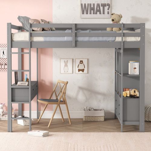 Lit Mezzanine 140x200 Cm, Lit Adulte Avec 6 Tiroirs De Rangement Et Bureau Sous Le Lit, Gris