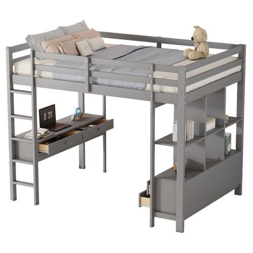 Lit Mezzanine 140x200 Cm, Lit Adulte Avec 6 Tiroirs De Rangement Et Bureau Sous Le Lit, Gris
