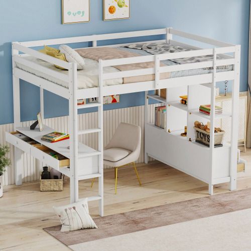 Lit Mezzanine 140x200 Cm, Lit Adulte Avec 6 Tiroirs De Rangement Et Bureau Sous Le Lit, Blanc