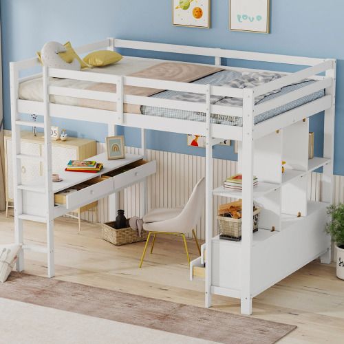Lit Mezzanine 140x200 Cm, Lit Adulte Avec 6 Tiroirs De Rangement Et Bureau Sous Le Lit, Blanc