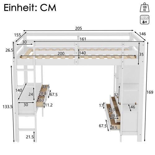 Lit Mezzanine 140x200 Cm, Lit Adulte Avec 6 Tiroirs De Rangement Et Bureau Sous Le Lit, Blanc
