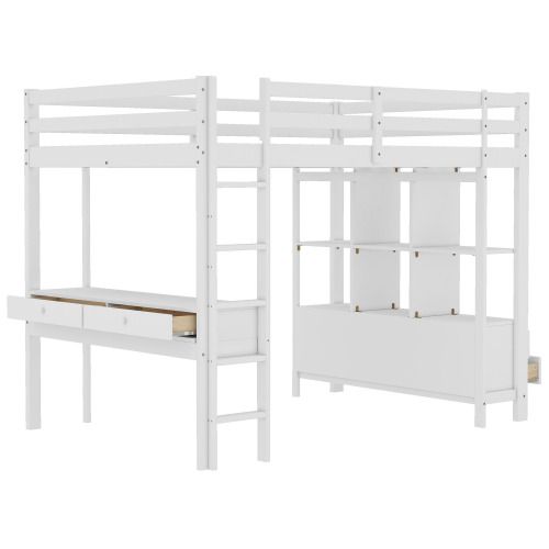 Lit Mezzanine 140x200 Cm, Lit Adulte Avec 6 Tiroirs De Rangement Et Bureau Sous Le Lit, Blanc