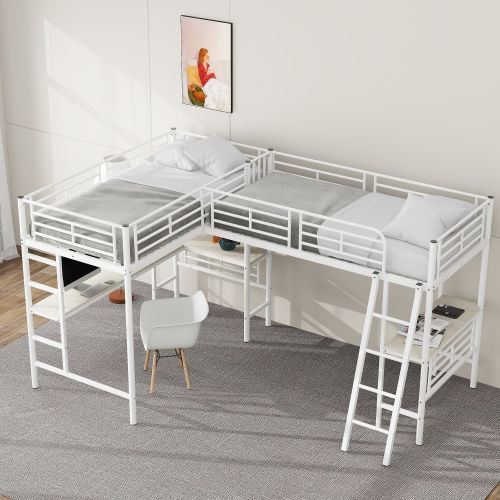 Lit Mezzanine 90x200 Cm, Lit 2 Personnes, Table Sous Le Lit, Double Escalier, En Métal, Blanc
