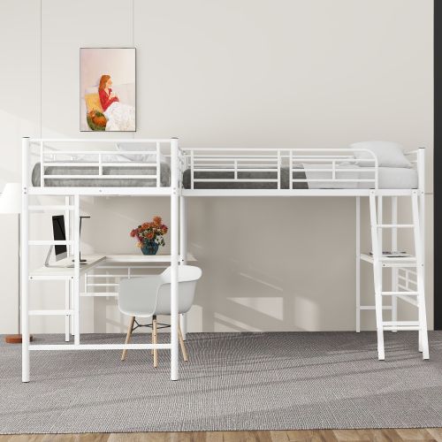 Lit Mezzanine 90x200 Cm, Lit 2 Personnes, Table Sous Le Lit, Double Escalier, En Métal, Blanc