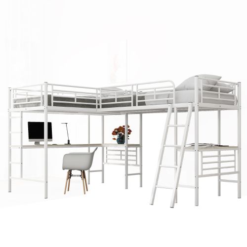 Lit Mezzanine 90x200 Cm, Lit 2 Personnes, Table Sous Le Lit, Double Escalier, En Métal, Blanc