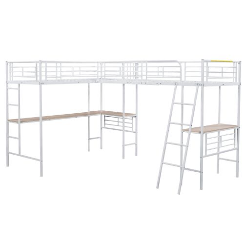 Lit Mezzanine 90x200 Cm, Lit 2 Personnes, Table Sous Le Lit, Double Escalier, En Métal, Blanc