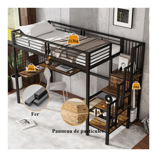 Lit Mezzanine 90x200 Cm En Fer, Lit Enfant Avec Table Et Armoire, Noir Et Bois Foncé