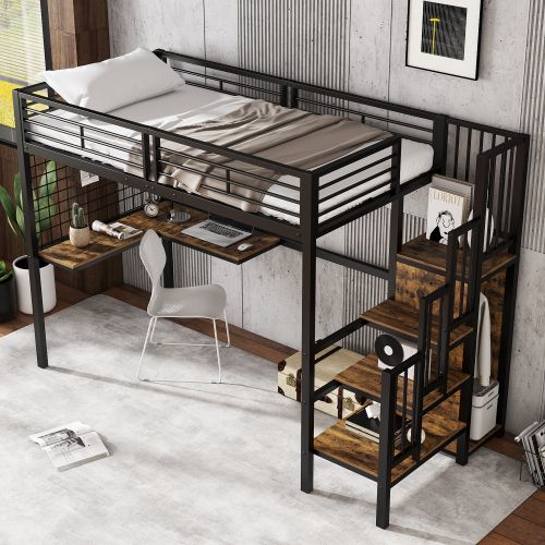Lit Mezzanine 90x200 Cm En Fer, Lit Enfant Avec Table Et Armoire, Noir Et Bois Foncé