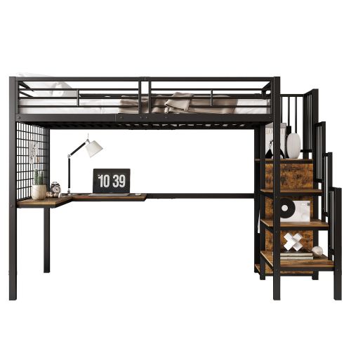 Lit Mezzanine 90x200 Cm En Fer, Lit Enfant Avec Table Et Armoire, Noir Et Bois Foncé