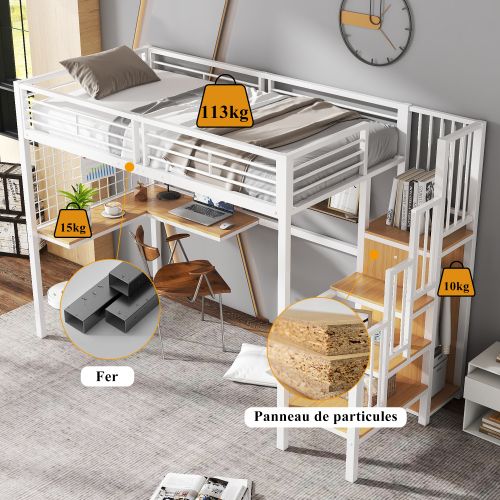 Lit Mezzanine 90x200 Cm, Lit Enfant Avec Table Et Armoire, Blanc Et Naturel