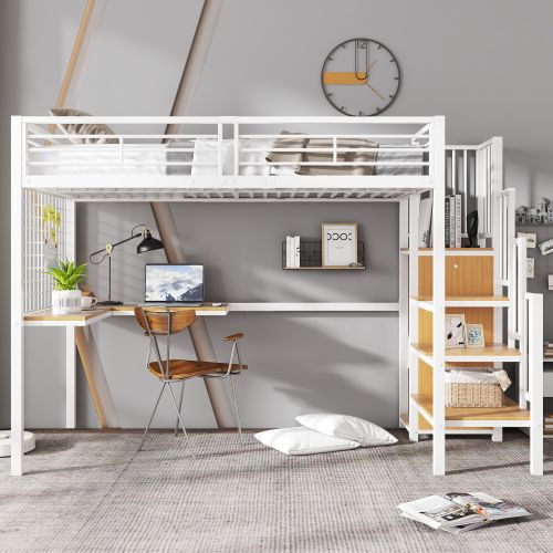 Lit Mezzanine 90x200 Cm, Lit Enfant Avec Table Et Armoire, Blanc Et Naturel