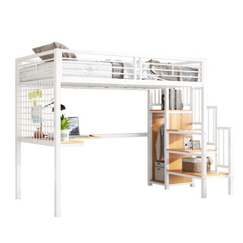 Lit Mezzanine 90x200 Cm, Lit Enfant Avec Table Et Armoire, Blanc Et Naturel