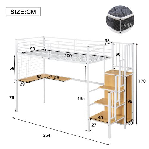 Lit Mezzanine 90x200 Cm, Lit Enfant Avec Table Et Armoire, Blanc Et Naturel