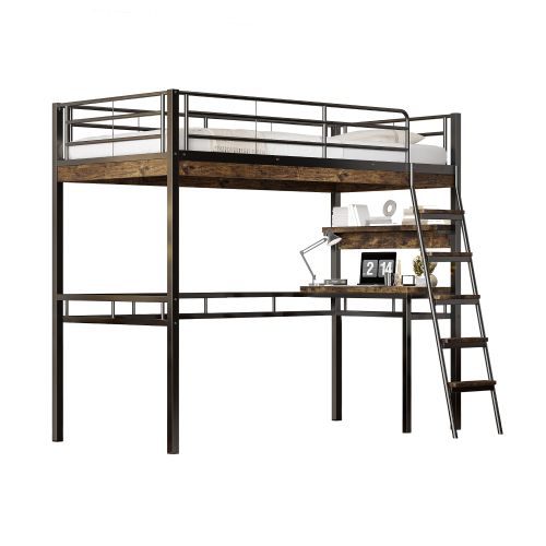 Lit Mezzanine 90x200 Cm, Lit Enfant Avec Bureau, Étagères, Rampe, Échelle, Cadre En Fer, Noir