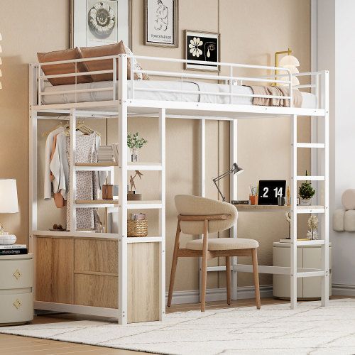Lit Mezzanine 90x200 Cm, Lit Enfant En Fer, Avec Prise Et USB, Armoire De Rangement Ouverte, Blanc