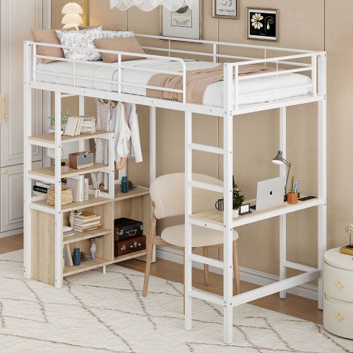 Lit Mezzanine 90x200 Cm, Lit Enfant En Fer, Avec Prise Et USB, Armoire De Rangement Ouverte, Blanc