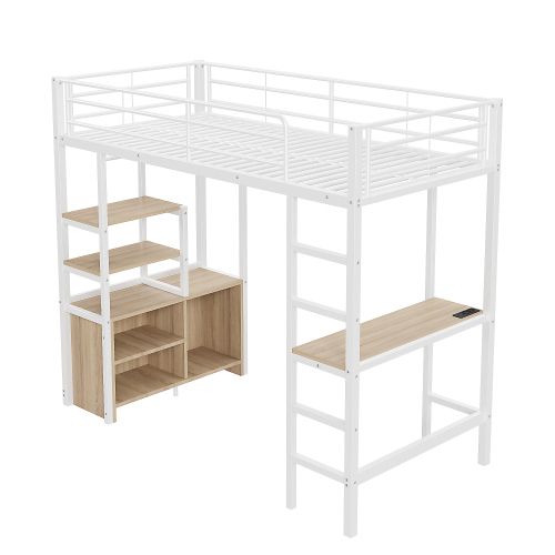 Lit Mezzanine 90x200 Cm, Lit Enfant En Fer, Avec Prise Et USB, Armoire De Rangement Ouverte, Blanc